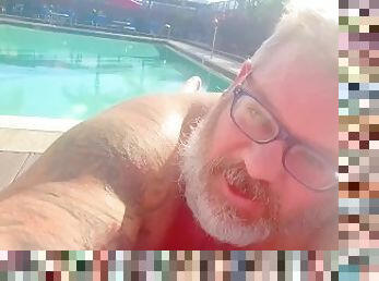 Daddy ejaculates at the Country club pool under his lounge chair while people were around him