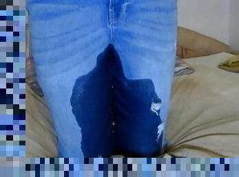 Hot long peeing jeans in the bed