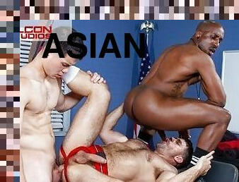 asiatisk, hårig, sport, student, avsugning, gigantisk-kuk, blandade-raser, porrstjärna, trekant, college