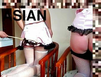 asiatique, femme-de-ménage, bdsm, trio, bas, fétiche, fessée