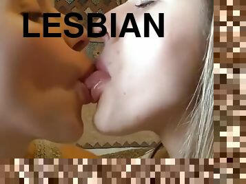 esposa, babes, lésbicas, beijando, americano, chupando