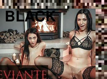 DEVIANTE - Two smoking hot brunette babes in black lingerie get their asses fucked by a big cock