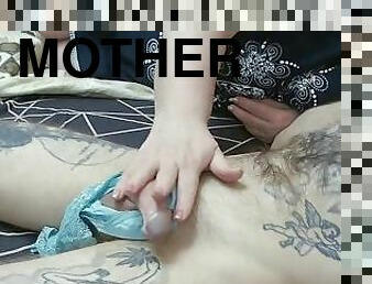 mother-in-law jerks off my dick with her panties, gives a blowjob and I cum on her panties