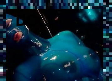 Heavy rubber goddess with big tits in transparent blue latex catsuit and mask masturbates - part 1