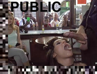 Dark Haired Lady gets facial in public bar