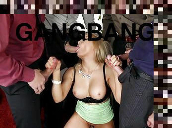 Beauty blonde fucks with gang of poles