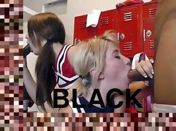 Cheerleaders jojo and zelda get fucked in dressing room by two black studs