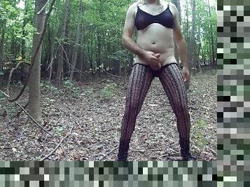 Ugly crossdresser hiking naked in the woods jacking off uncut cock cumshot into hand