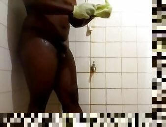 Fat black boy shakes his big ass in shower