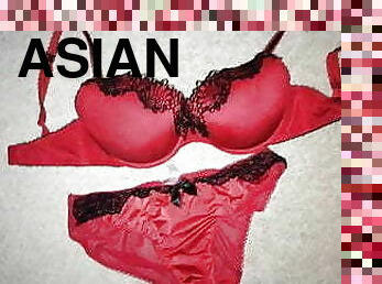 Cum on Red Satin Panties and Bra set 30DD