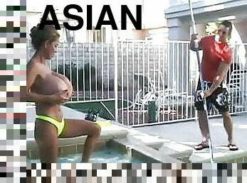 asiático, teta-grande, grande, interracial, piscina, coreano, branco