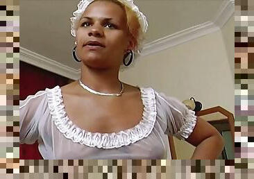 Sexy German ebony maid gets her mouth filled with hot cum