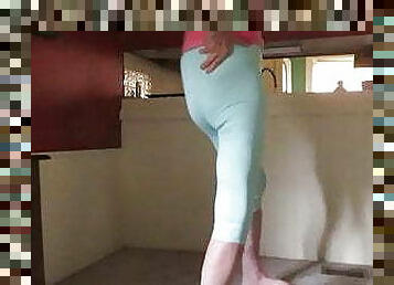 Crossdressing sissy in skin-tight leggings has a fem ass.