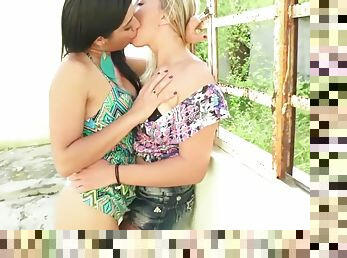 lésbicas, brasil, beijando, loira, perfeito, morena