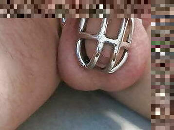 Young boy locked in chastity dick cage and handcuffed naked