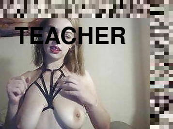 Young blonde teacher fondles her saggy tits on cam