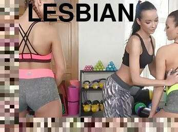 sport, babes, fellation, lesbienne, butin, doigtage, trio, bout-a-bout, salle-de-gym