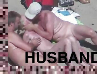 beautiful bitch groped by his husband and strangers at beach