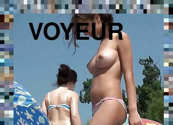 gros-nichons, ados, cam, plage, voyeur, parfait, brunette