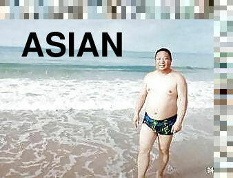 asien, papa, fett, homosexuell, fett-mutti, strand, chinesin, vati, tragen