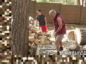 Lumberjack stepdad fucks a friend in heated threesome