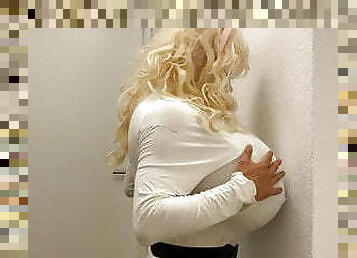 Huge titted crossdresser dancing in tight shirt and leggings