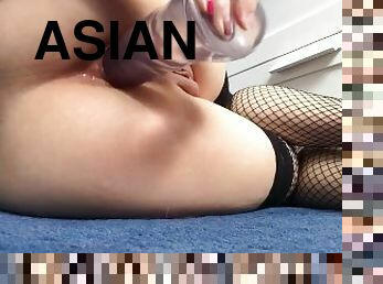 asiatisk, masturbation, fitta-pussy, anal, fingerknull, dubbel, strumpor, nätstrumpor, tight, dildo