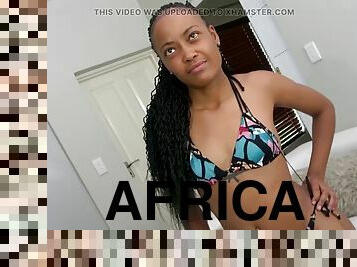African Casting - Bikini babe with small breasts stretched out by BWC agent