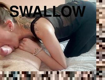 amatør, blowjob, svart, svelging, cum, blond, baller