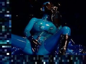 Heavy rubber goddess with big tits in transparent blue latex catsuit and mask masturbates - part 3
