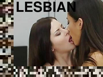 chatte-pussy, lesbienne, pornstar, baisers, brunette