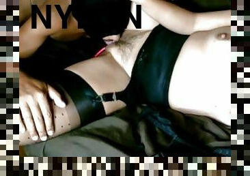 cona-pussy, escravo, pés, meias, fetiche, amante, molhado, domínio, nylon, provocando