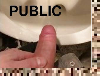 Hung Guy taking a Piss in a Public Bathroom and getting Hard while Peeing