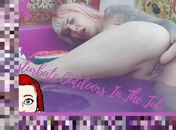 Tattooed Girl Masturbating With Dildo Outdoors In The Tub And She Try To Be Quiet.