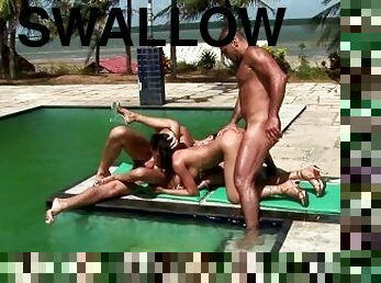 Cum Sharing, Cum Swallow, And Creampies: A Group Sex By The Pool