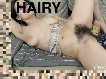 Gorgeous Hairy Brunette Masturbates With Her Green Vibrator