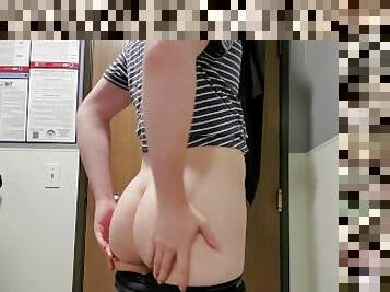 Trans guy at work risky strip tease