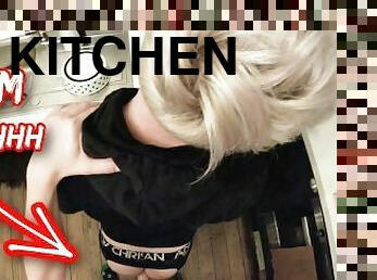 Hot sneaky twink gets fat dick in the kitchen of shared accommodation: other people in next room!