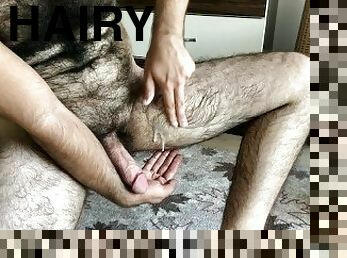 Hairy sexy men masturbate big cum on leg