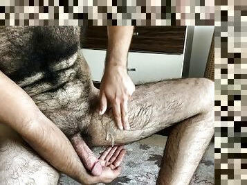 Hairy sexy men masturbate big cum on leg