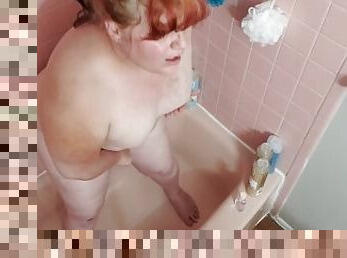 Trans BBW rides dildo in pink bathtub