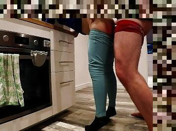 My neighbor gets a squirt while he fucks her in her kitchen, has beautiful black ankle socks