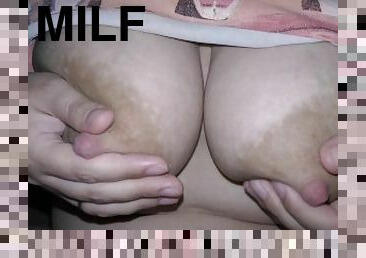 MILF do a fast flashing her big boobs to you! Huge milking MILF boobs close up!