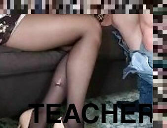 Teacher teases and blowjob to her student and get huge cum on legs in pantyhose