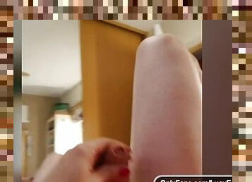 POV wanking my big T-Girl cock in orange Dress