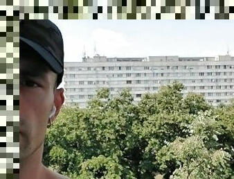 Public balcony jerk off with cumshot/Public place masturbation