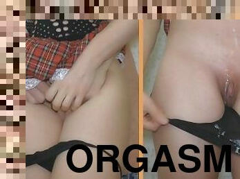 Schoolgirl hard standing orgasm and he cums in her panties - Clit rubbing and Handjob