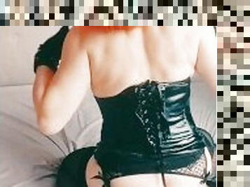 Amateur crossdresser sissy rides black dildo  in chastity cage