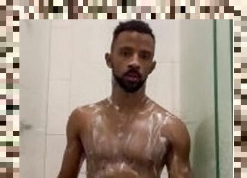 Black man jerking off his big bone on shower