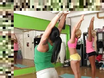 Horny teens are fucks in a foursome after yoga class